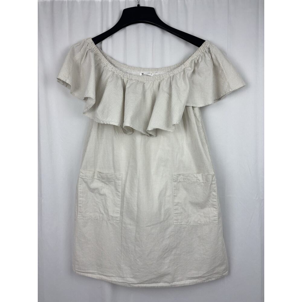 Vernacular Tan Stripe Off The Shoulder Dress L Cottagecore Coastal Feminine